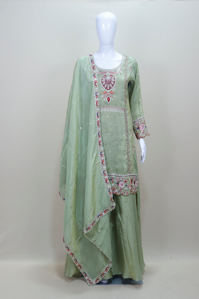 Women’s Green Kurta Sharara Set with Dupatta Festive Wedding Ethnic Wear