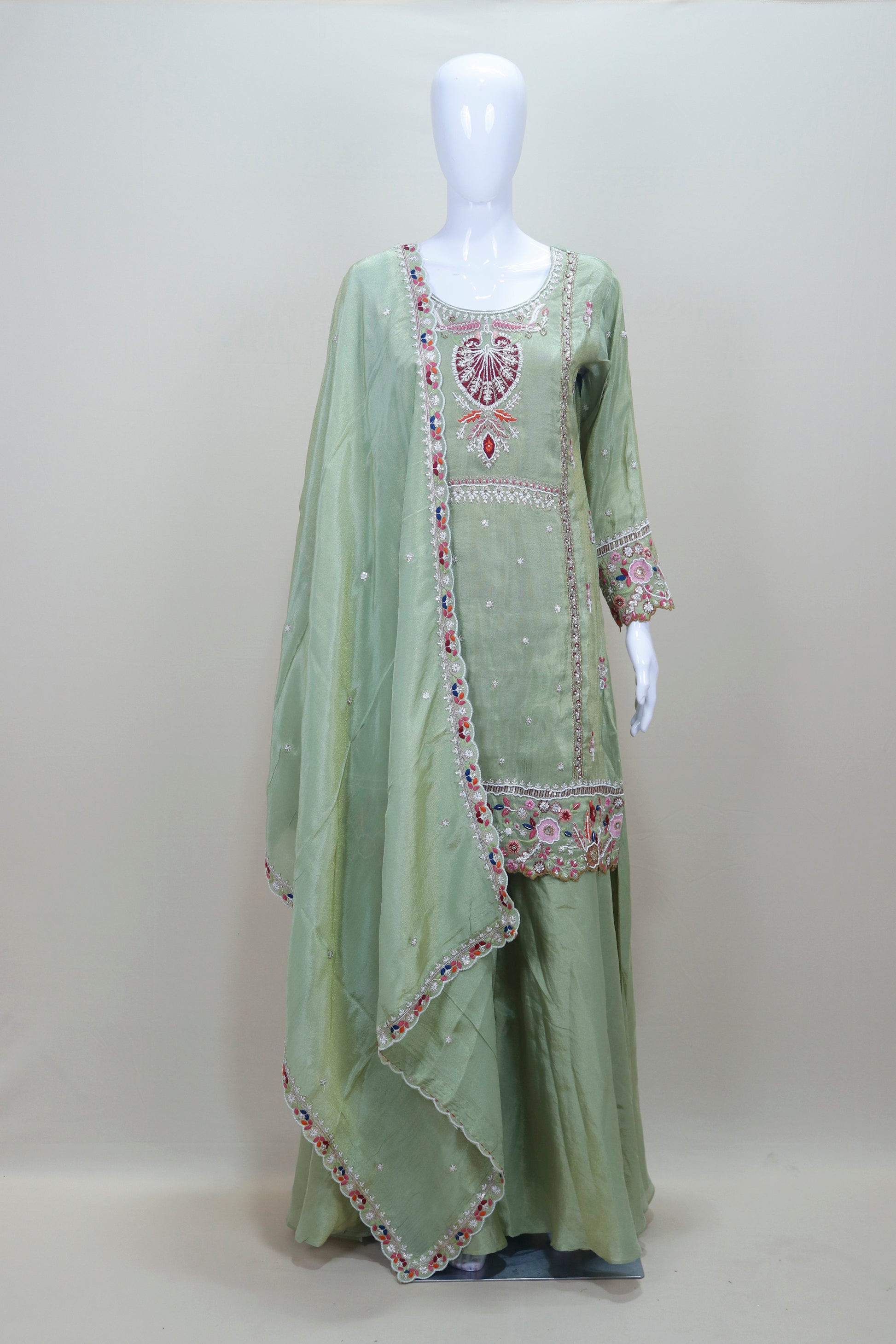 Women’s Green Kurta Sharara Set with Dupatta Festive Wedding Ethnic Wear
