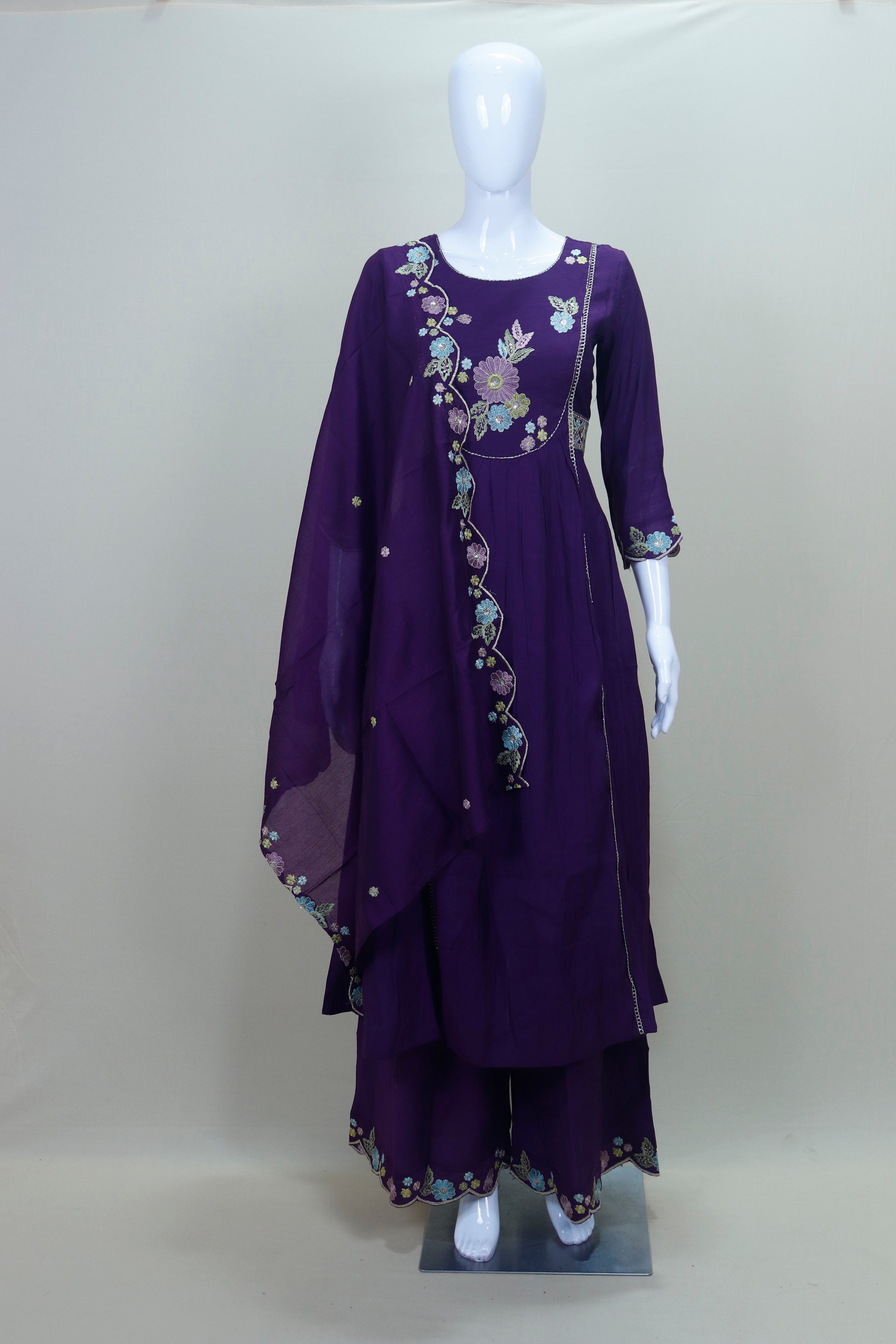 Women’s Purple Embroidered Kurta Palazzo Set with Dupatta Festive Party Wear Ethnic Outfit