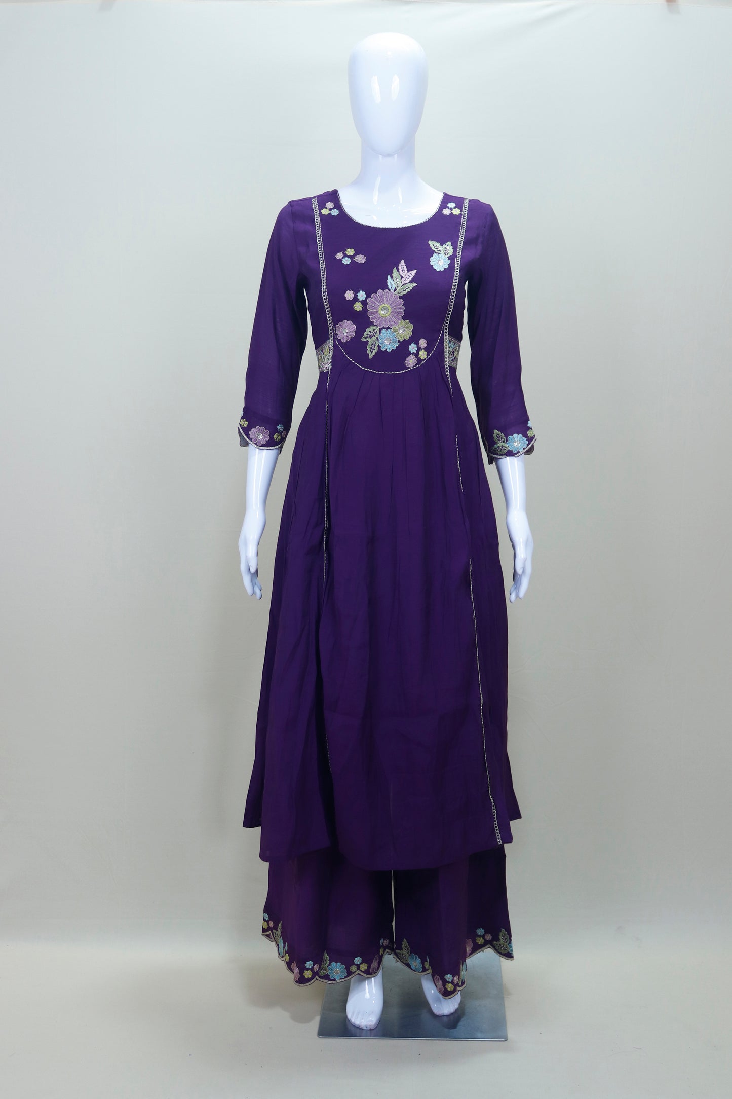 Women’s Purple Embroidered Kurta Palazzo Set with Dupatta Festive Party Wear Ethnic Outfit