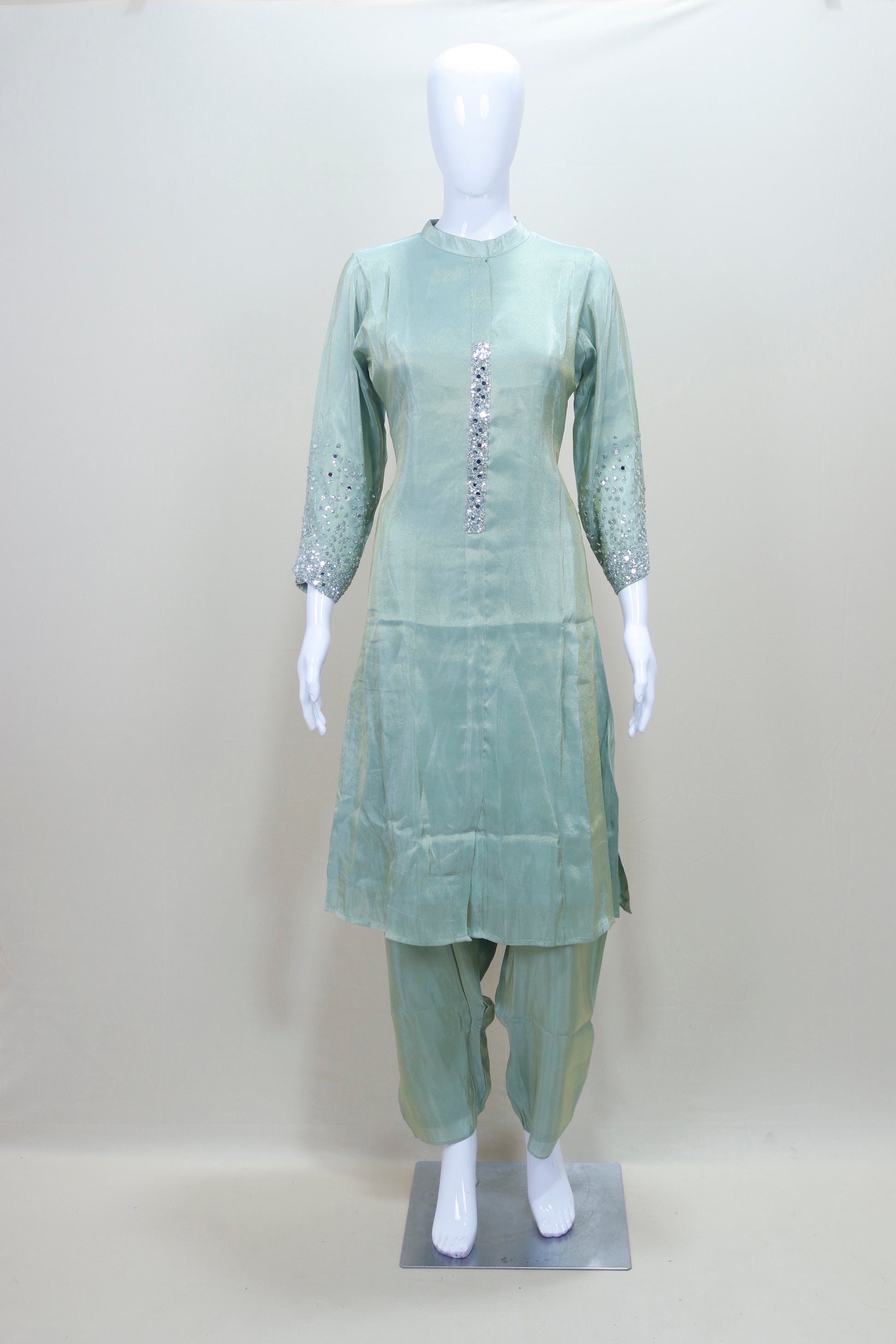 Women’s Light Green Silk Kurta Pant Set Party Wear Festive Ethnic Outfit