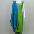 Green Silk Straight Kurta Pant Set with Blue Embroidered Dupatta for Women Party Festive Wear
