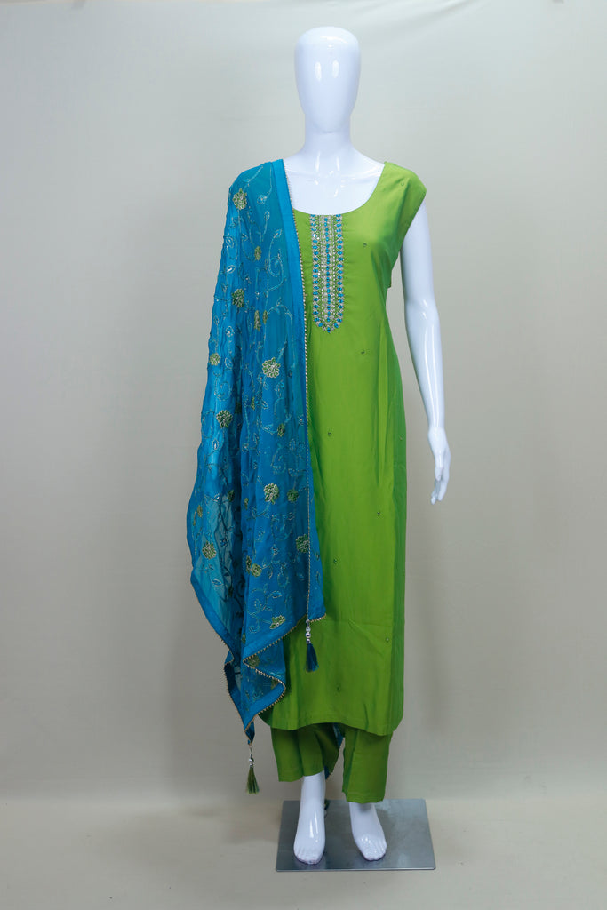 Green Silk Straight Kurta Pant Set with Blue Embroidered Dupatta for Women Party Festive Wear