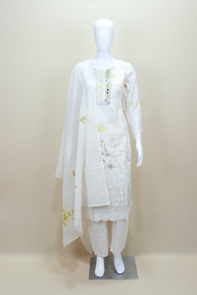 Elegant White Cotton Kurta Set with Embroidery Printed Dupatta Festive 