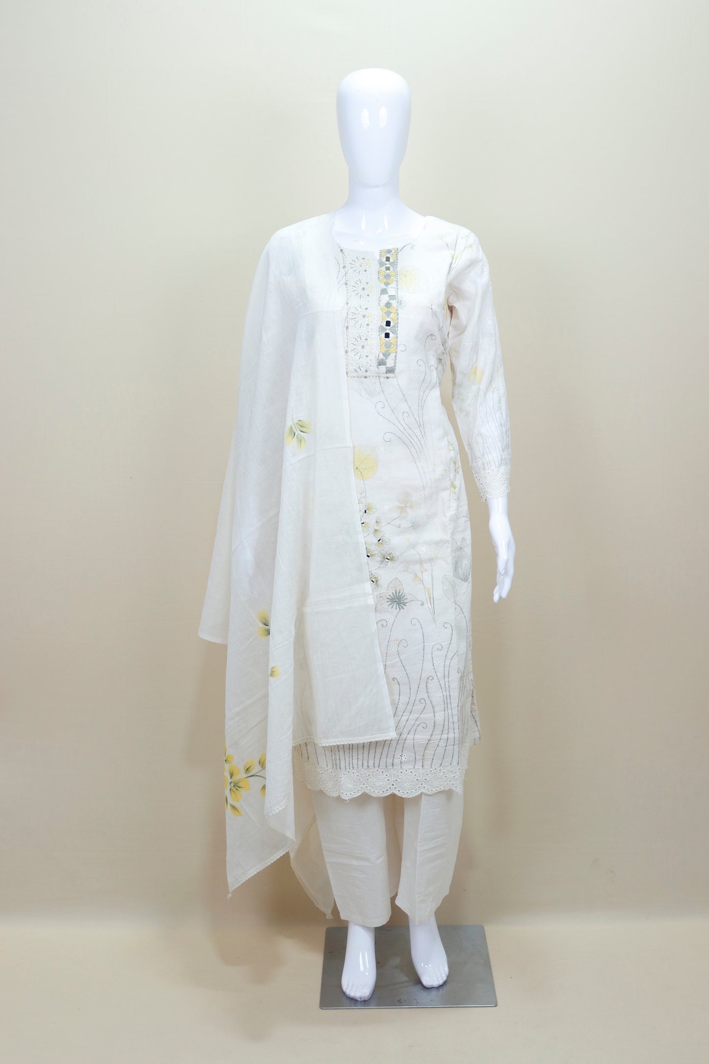Elegant White Cotton Kurta Set with Embroidery Printed Dupatta Festive 