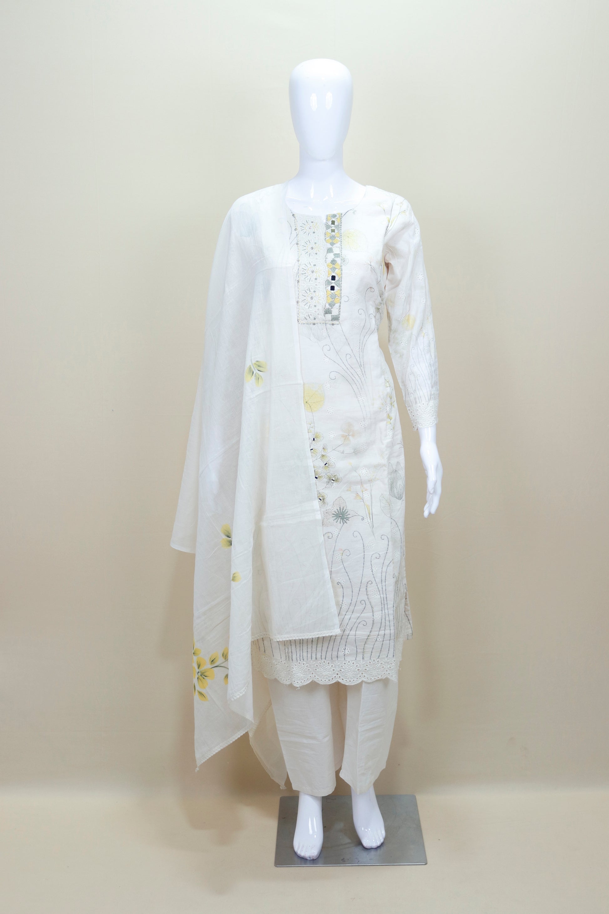 Elegant White Cotton Kurta Set with Embroidery Printed Dupatta Festive 