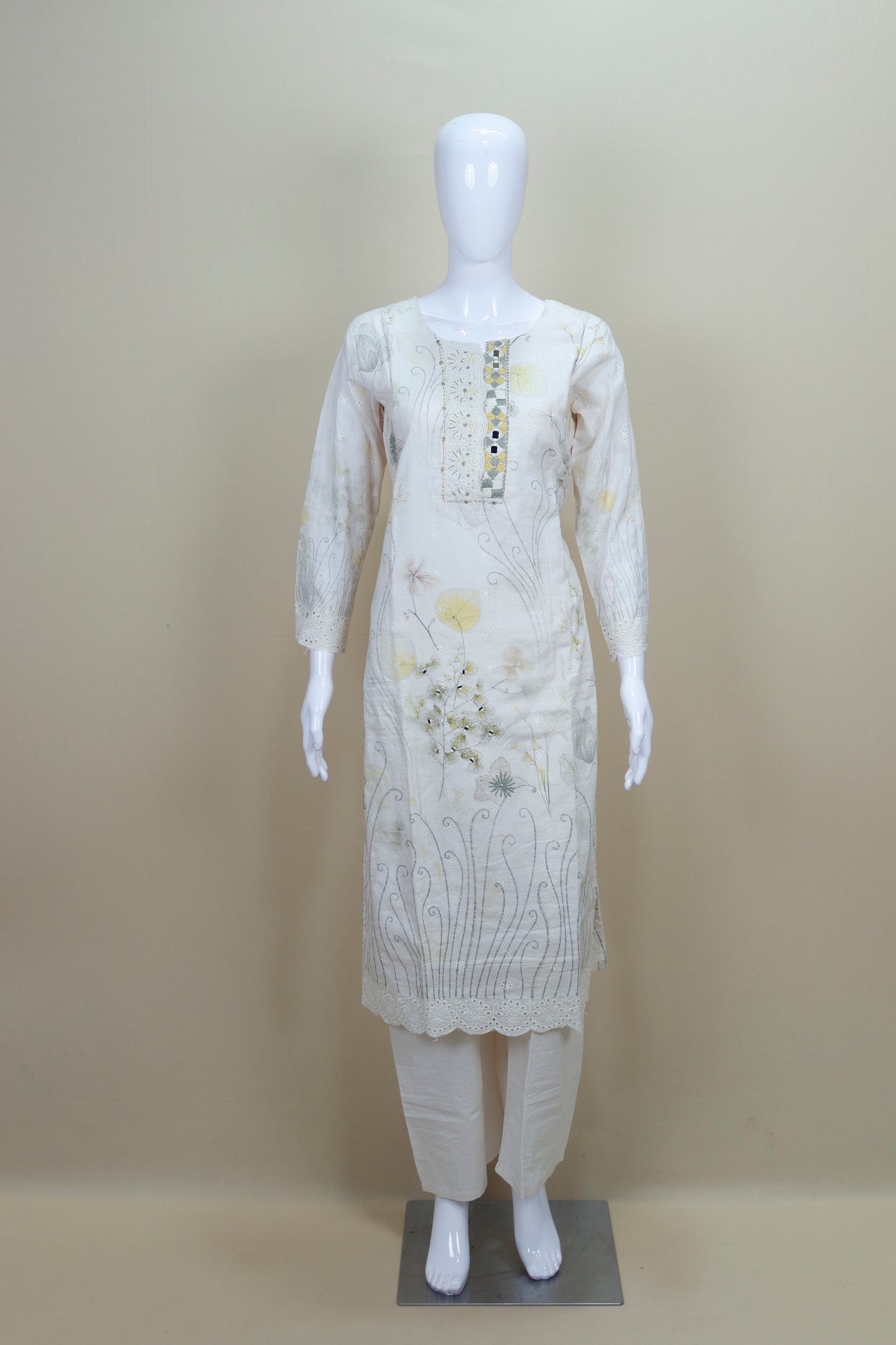 Elegant White Cotton Kurta Set with Embroidery Printed Dupatta Festive