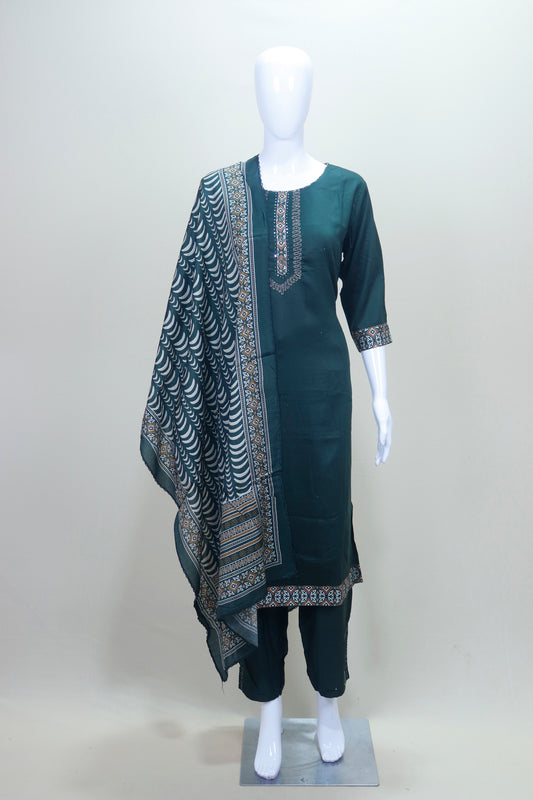 Dark Green Cotton Salwar Suit with Dupatta Ethnic Wear Set