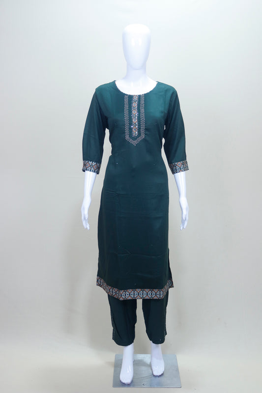 Dark Green Cotton Salwar Suit with Dupatta Ethnic Wear Set