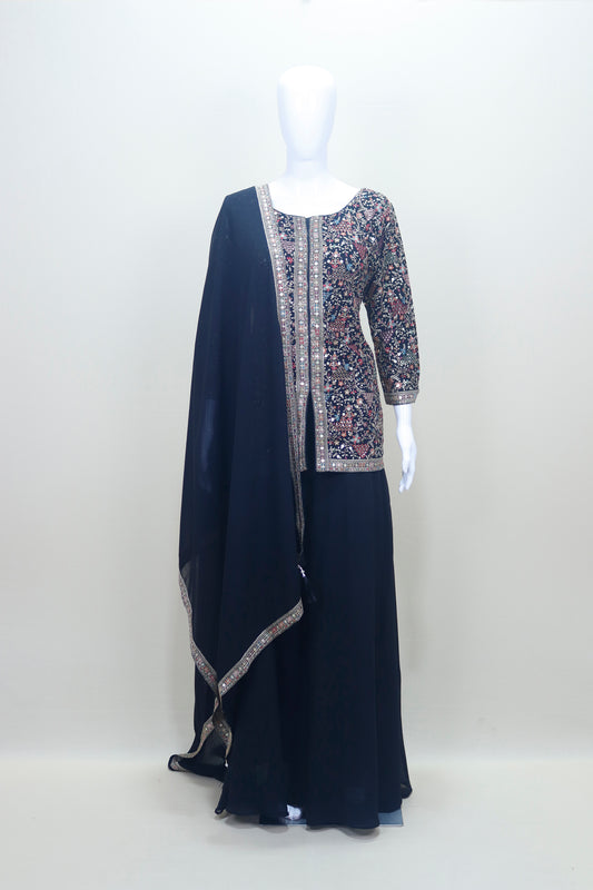 Designer Black Georgette Sharara Suit Kurti and Dupatta Party Wear