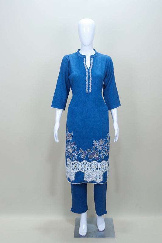 Blue Kurta Set Casual Office Wear Straight Kurti with Pants