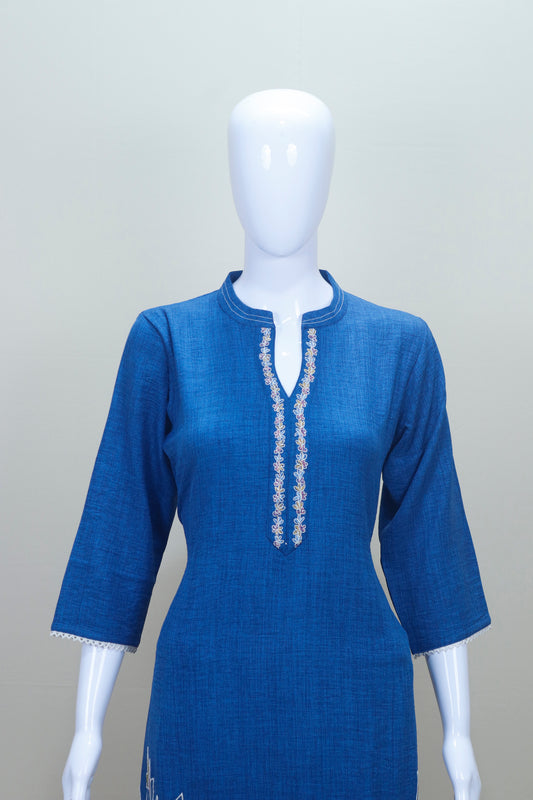 Blue Kurta Set Casual Office Wear Straight Kurti with Pants