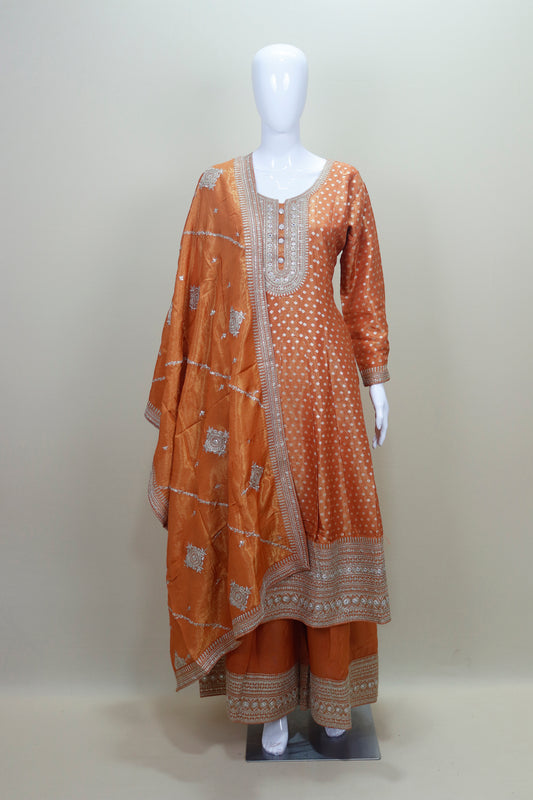 Rust Orange Embroidered Silk Anarkali Suit with Dupatta