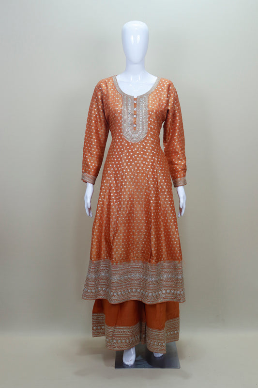 Rust Orange Embroidered Silk Anarkali Suit with Dupatta