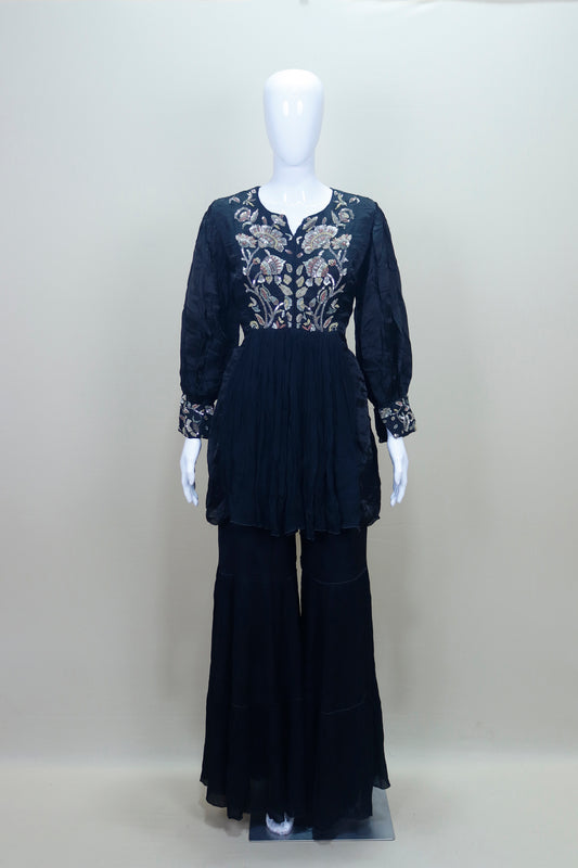 Black Georgette Embroidered Kurti with Sharara Set