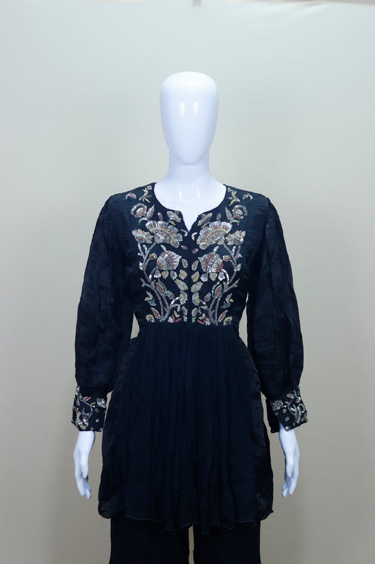 Black Georgette Embroidered Kurti with Sharara Set