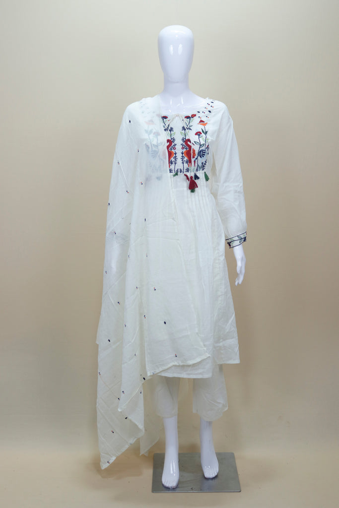 White Cotton Embroidered Kurta Set with Dupatta