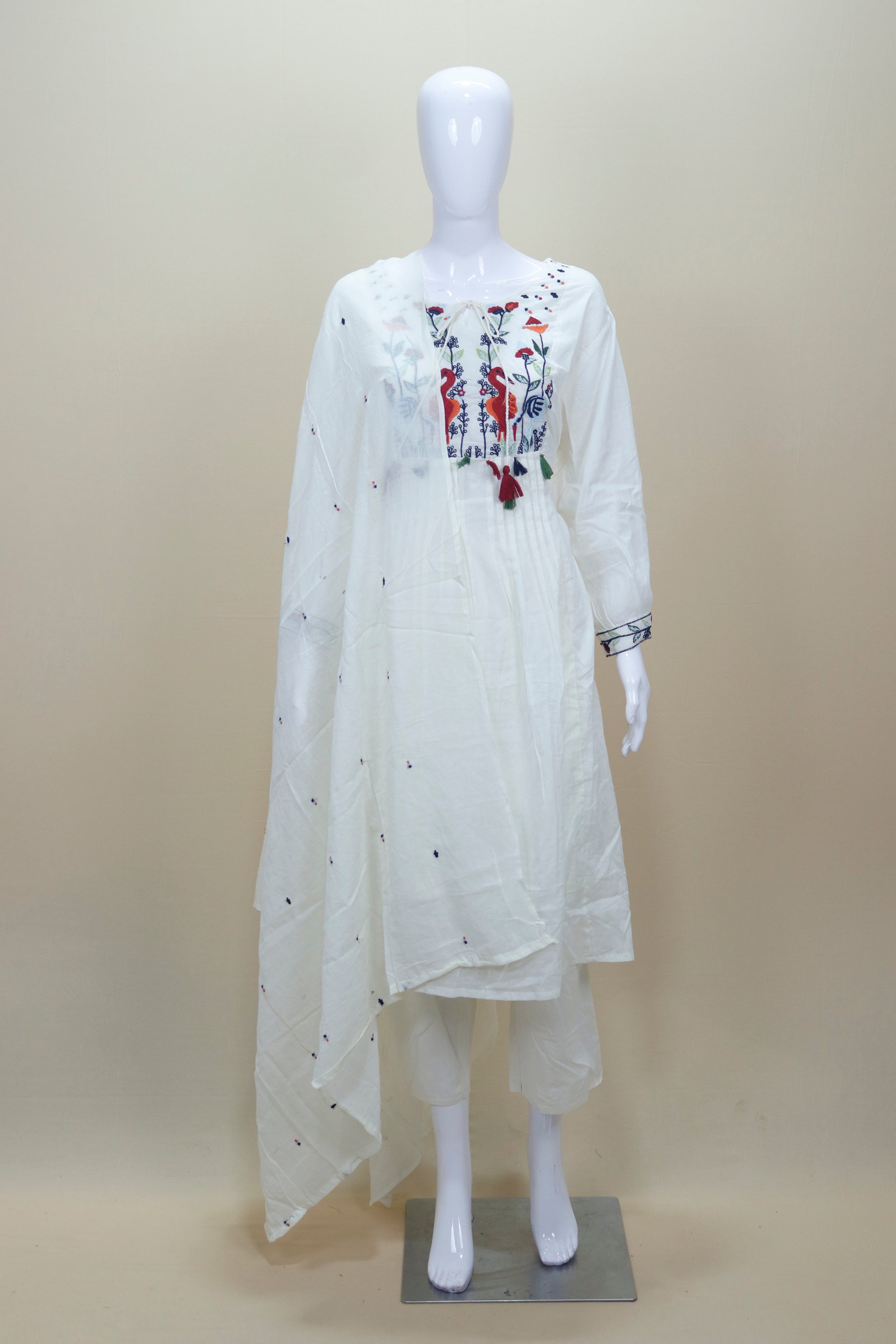White Cotton Embroidered Kurta Set with Dupatta