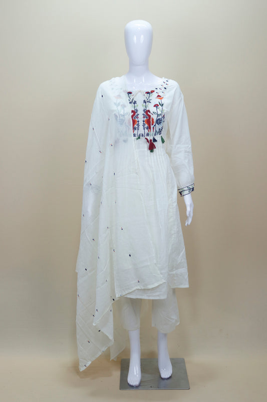 White Cotton Embroidered Kurta Set with Dupatta