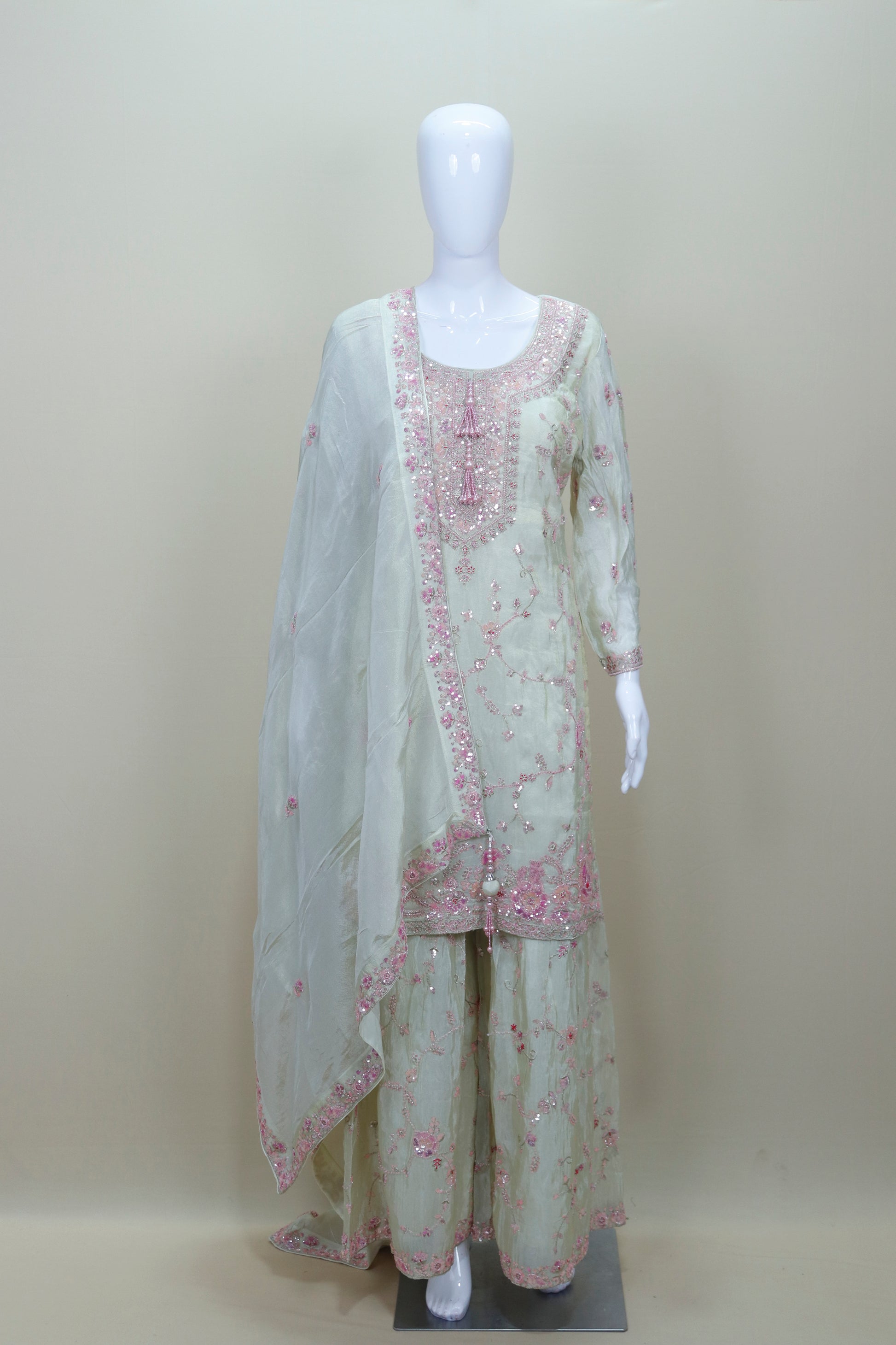 Pastel Green and Pink Embroidered Palazzo Suit with Dupatta