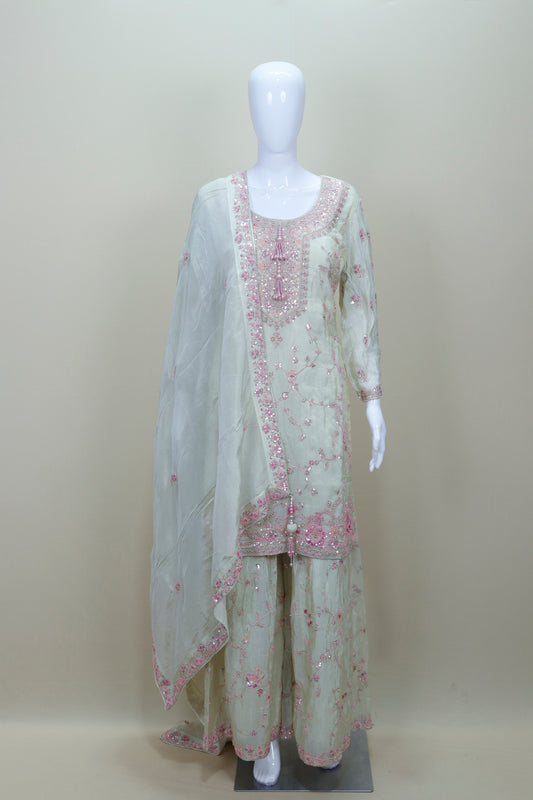 Pastel Green and Pink Embroidered Palazzo Suit with Dupatta