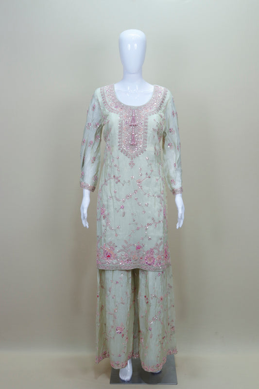 Pastel Green and Pink Embroidered Palazzo Suit with Dupatta