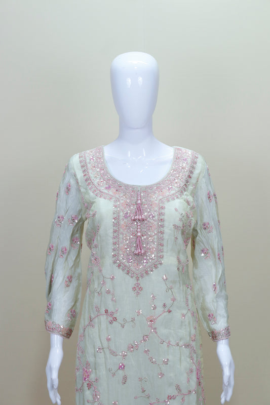 Pastel Green and Pink Embroidered Palazzo Suit with Dupatta