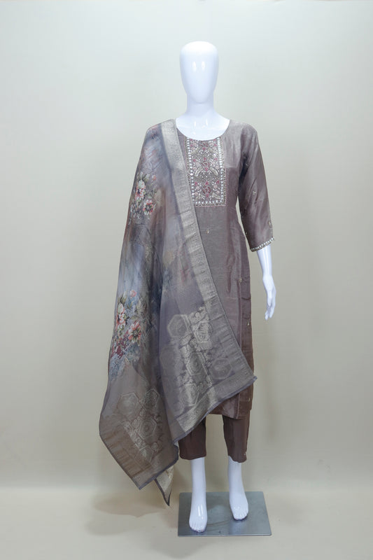 Elegant Grey Embroidered Straight Suit with Printed Dupatta