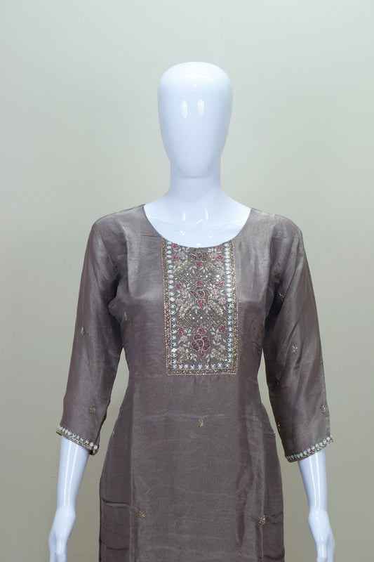 Elegant Grey Embroidered Straight Suit with Printed Dupatta
