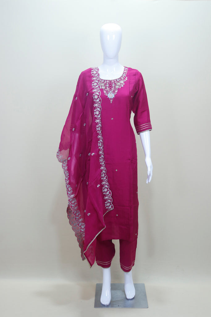 Magenta Pink Embroidered Straight Suit with Dupatta