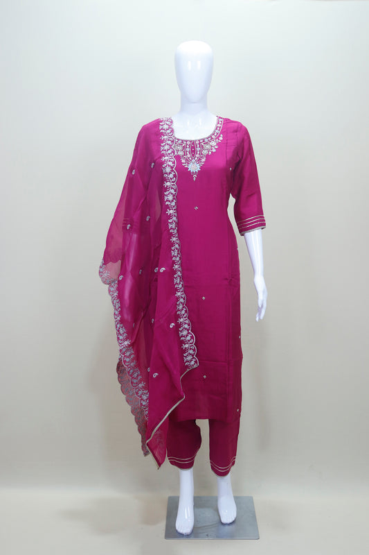 Magenta Pink Embroidered Straight Suit with Dupatta
