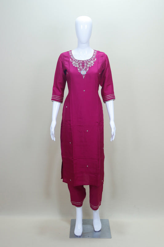 Magenta Pink Embroidered Straight Suit with Dupatta