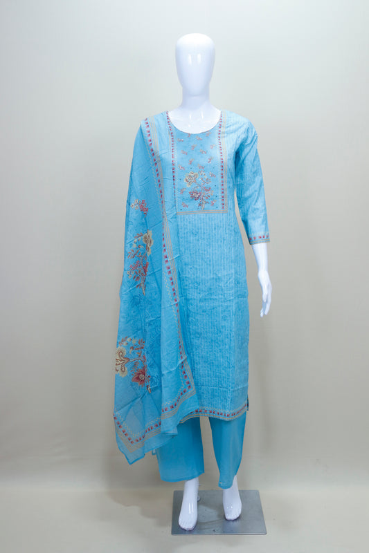 Sky Blue Embroidered Cotton Straight Suit with Dupatta