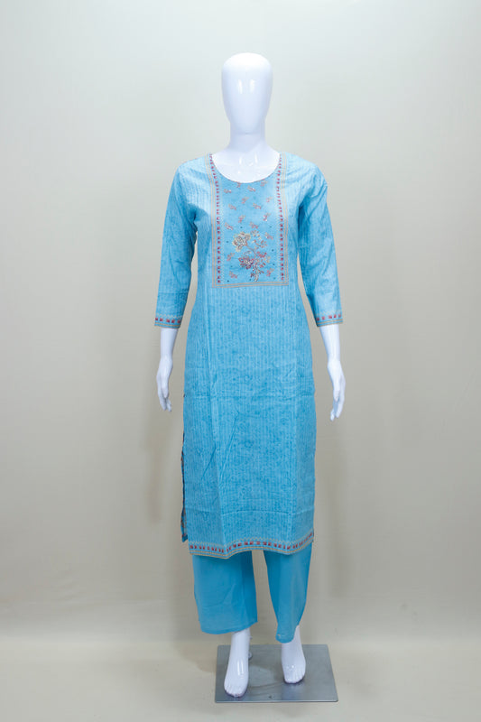 Sky Blue Embroidered Cotton Straight Suit with Dupatta
