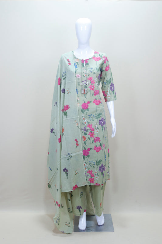 Light Green Floral Printed Cotton Suit with Dupatta 