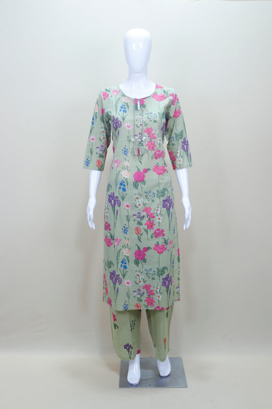 Light Green Floral Printed Cotton Suit with Dupatta