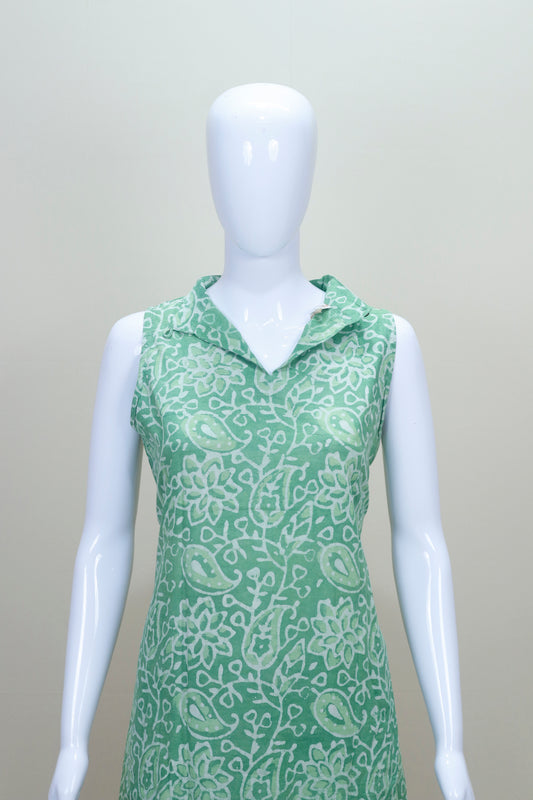 Green Sleeveless Printed Cotton Kurta with Pants Casual Summer Ethnic Wear