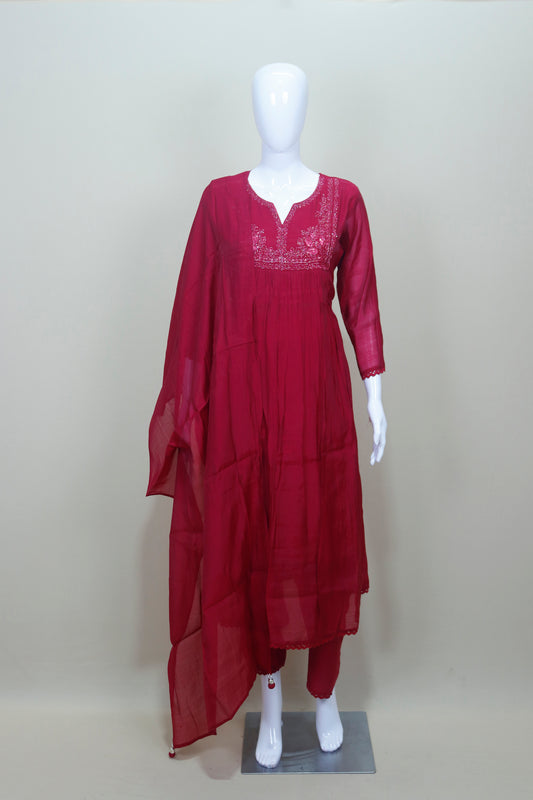 Maroon Cotton Embroidered Kurta Set with Dupatta