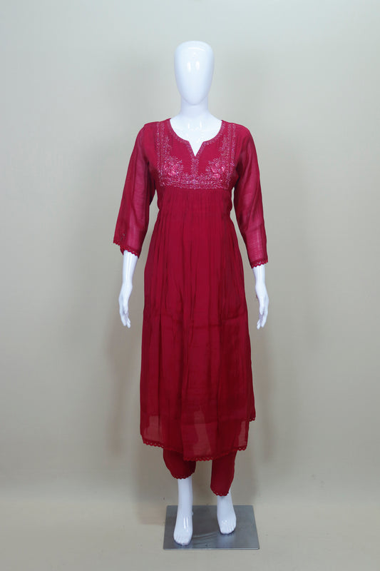 Maroon Cotton Embroidered Kurta Set with Dupatta