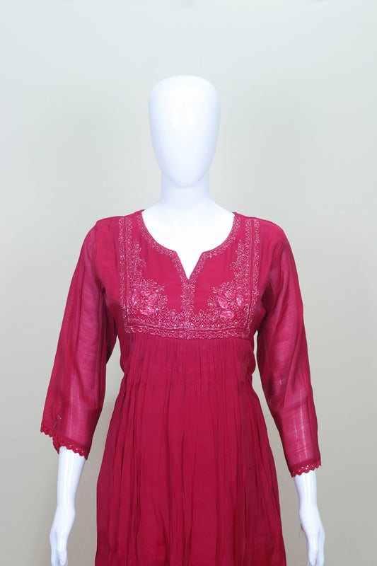 Maroon Cotton Embroidered Kurta Set with Dupatta