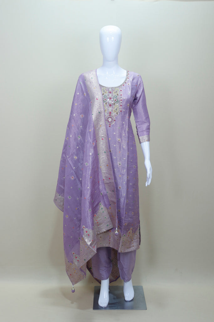 Lavender Silk Embroidered Kurta Set with Dupatta Wedding Wear Ethnic Suit