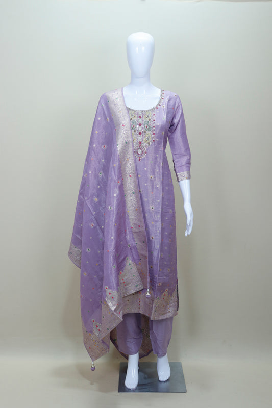 Lavender Silk Embroidered Kurta Set with Dupatta Wedding Wear Ethnic Suit