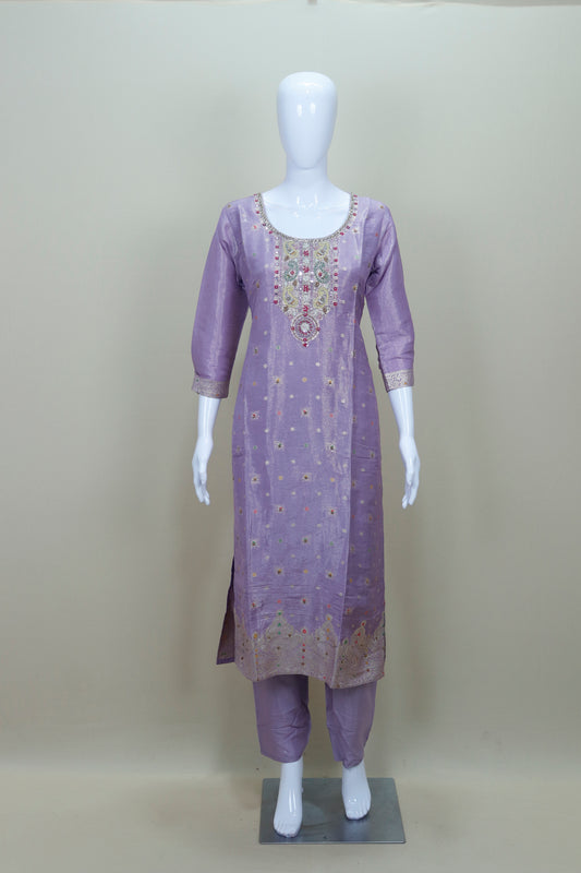 Lavender Silk Embroidered Kurta Set with Dupatta Wedding Wear Ethnic Suit