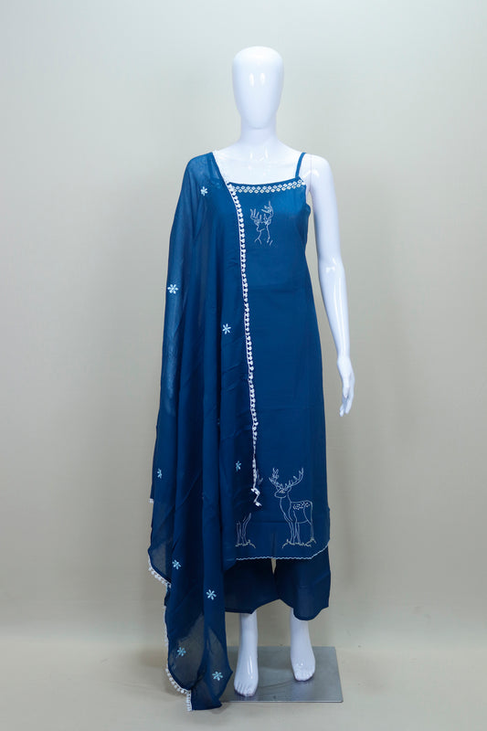 Navy Blue Cotton Embroidered Kurta Set with Dupatta