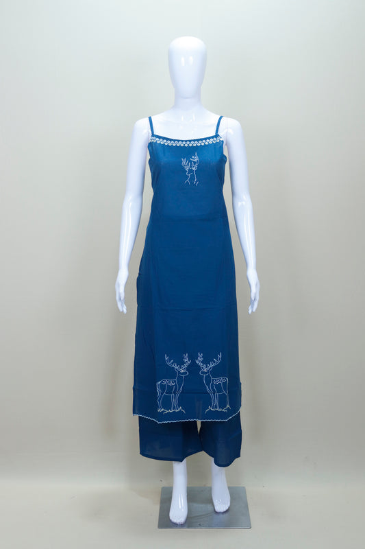 Navy Blue Cotton Embroidered Kurta Set with Dupatta