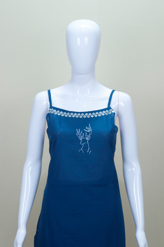 Navy Blue Cotton Embroidered Kurta Set with Dupatta