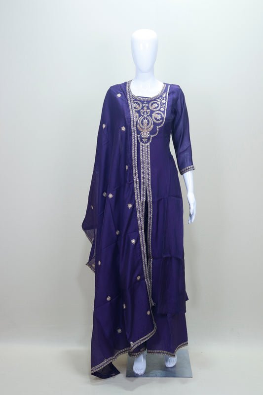 Royal Purple Silk Embroidered Anarkali Kurta Set with Dupatta