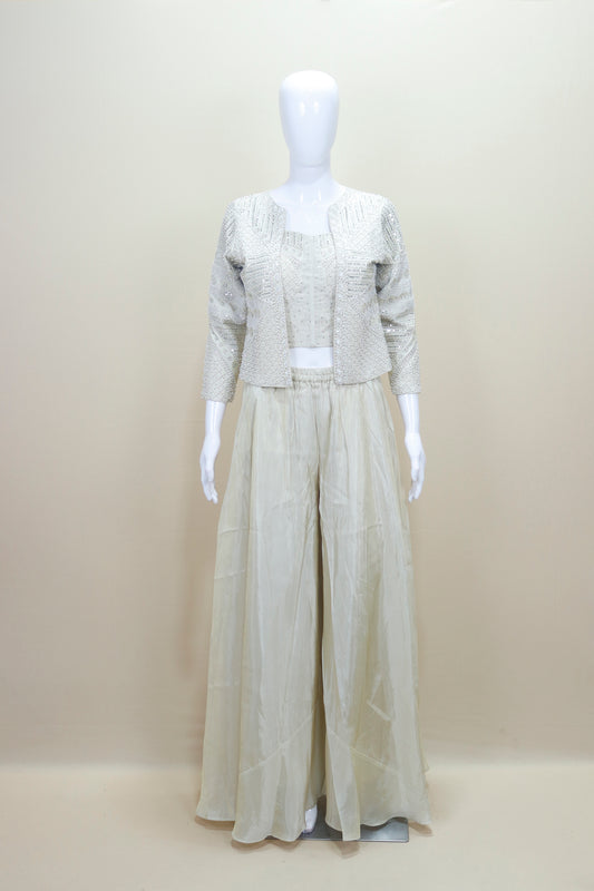 Stylish Silver Embroidered Crop Top with Palazzo and Jacket Set