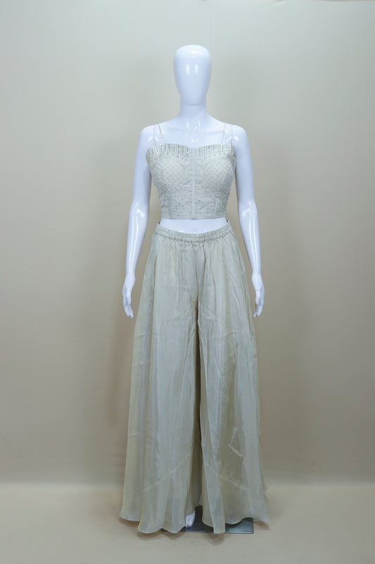 Stylish Silver Embroidered Crop Top with Palazzo and Jacket Set