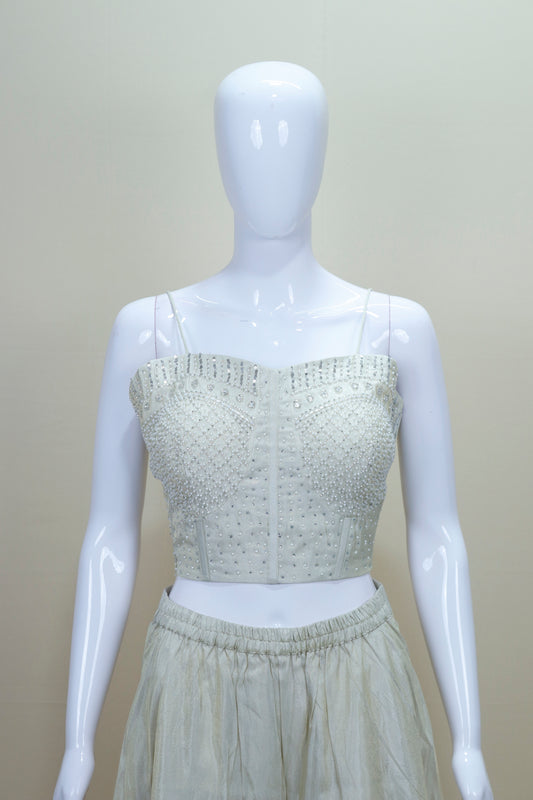 Stylish Silver Embroidered Crop Top with Palazzo and Jacket Set
